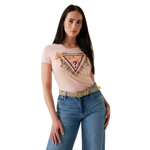 T-shirt Donna slim, a girocollo, con stampa logo triangolo floreale